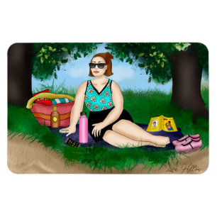 Hand drawn Art   Woman Relaxing at Beach Magnet