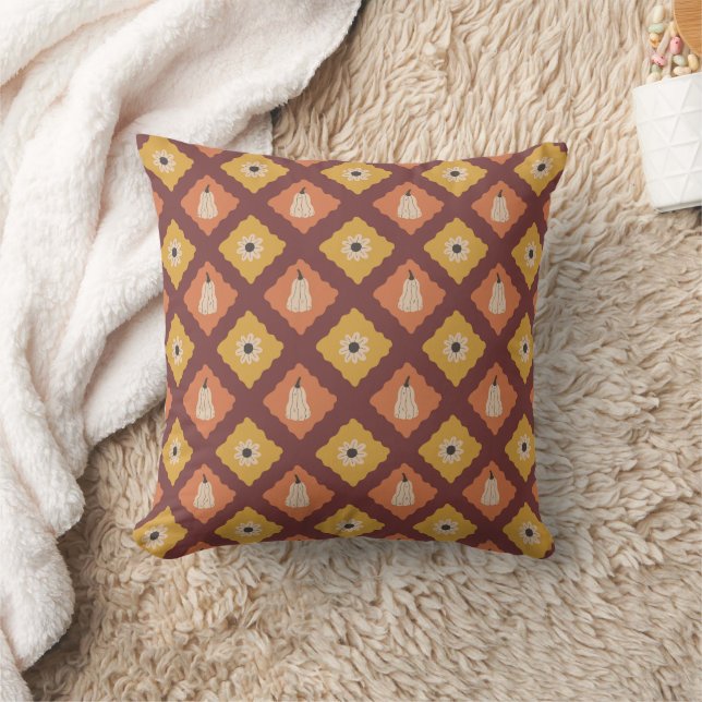 Hand Drawn Autumn Diamond Pattern Throw Pillow (Blanket)