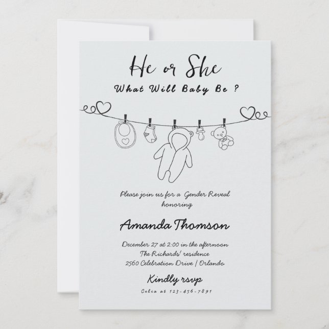 Hand Drawn Baby Clothes Gender Reveal  Invitation (Front)