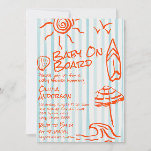 Hand Drawn Baby On Board Surf Summer Baby Shower Invitation