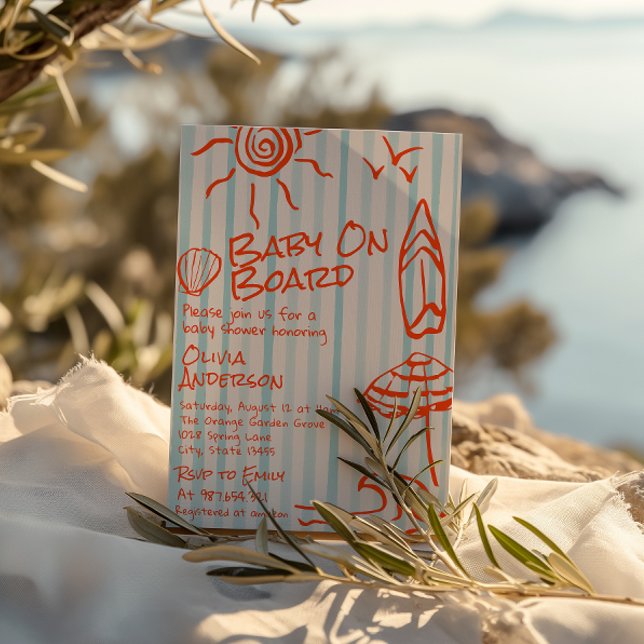 Hand Drawn Baby On Board Surf Summer Baby Shower Invitation (Creator Uploaded)