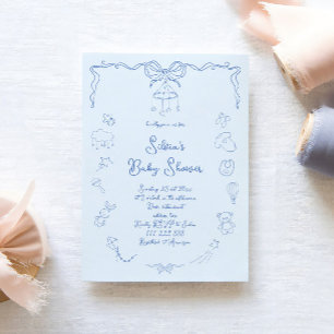 Hand Drawn Baby Shower, Bow Baby Boy Handwritten Invitation