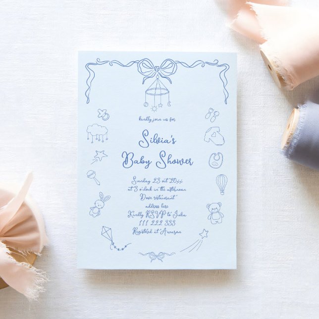 Hand Drawn Baby Shower, Bow Baby Boy Handwritten  Invitation (Creator Uploaded)