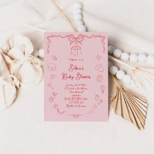 Hand Drawn Baby Shower, Bow Baby Girl Handwritten Invitation
