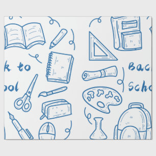 Hand-drawn back to school doodle blue wrapping paper