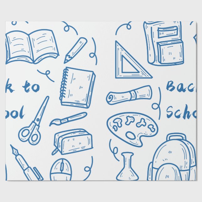 Hand-drawn back to school doodle blue wrapping paper (Seam)