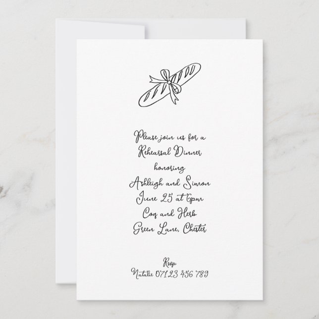 Hand Drawn Baguette & Bow Wedding Rehearsal Dinner Invitation (Front)