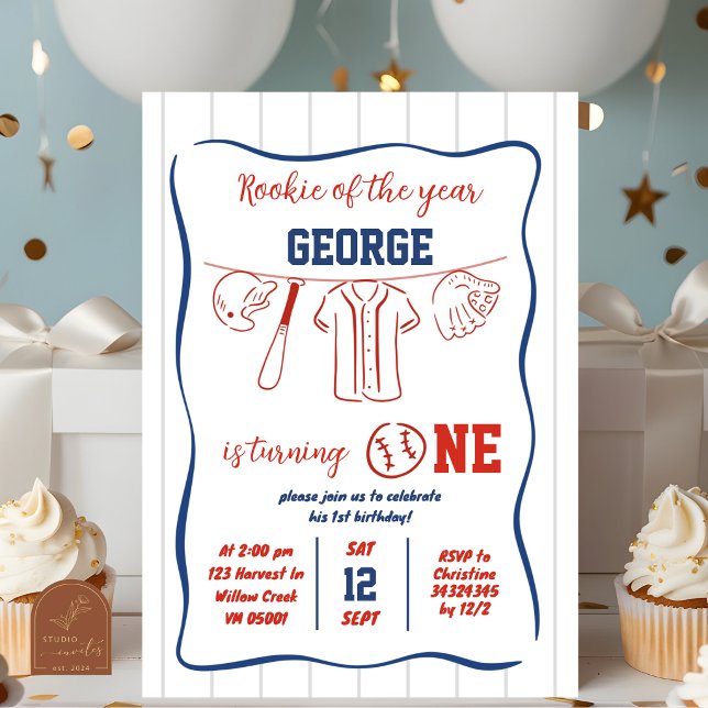 Hand Drawn Baseball 1st Birthday Invitation (Creator Uploaded)