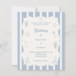 Hand drawn beach blue ivory wedding invitation
