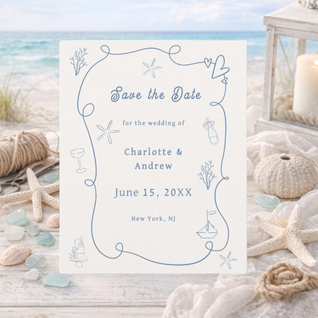 Hand drawn beach blue ivory wedding Save the Date Flyer (Creator Uploaded)