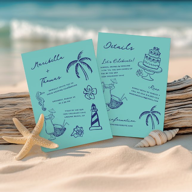 Hand Drawn Beach Doodles All in One Wedding Invitation (Creator Uploaded)