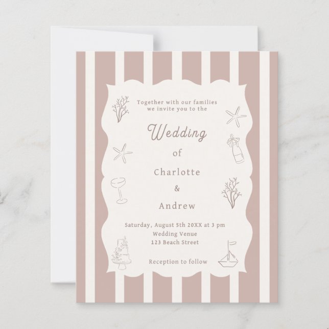 Hand drawn beach ivory taupe wedding invitation (Front)