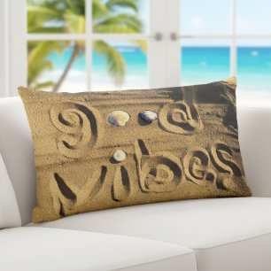 Hand Drawn Beach Sand Good Vibes Quote Photo Fun  Lumbar Cushion