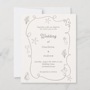 Hand drawn beach sand ivory wedding invitation