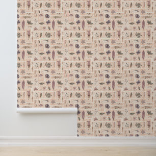 Hand-Drawn Beige and Purple Vintage Floral Wallpaper