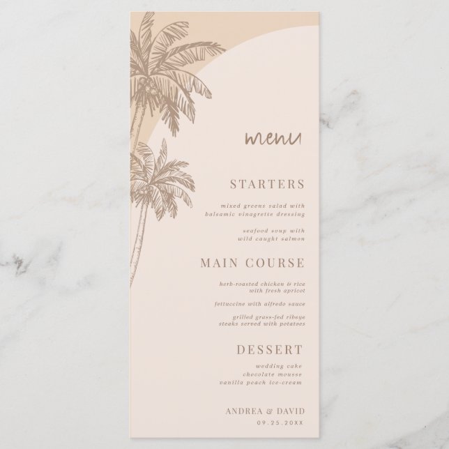 Hand Drawn Beige Palm Tree Boho Beach Wedding Menu (Front)