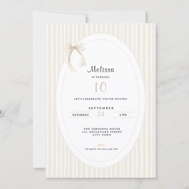 Hand Drawn Beige Stripes Bow 10th Birthday Invitation (Front)