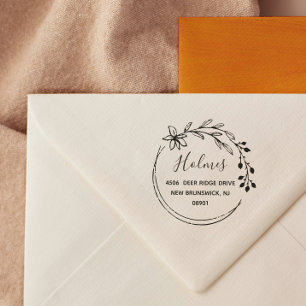 Hand Drawn Berry Flower Wreath Name & Address Rubber Stamp