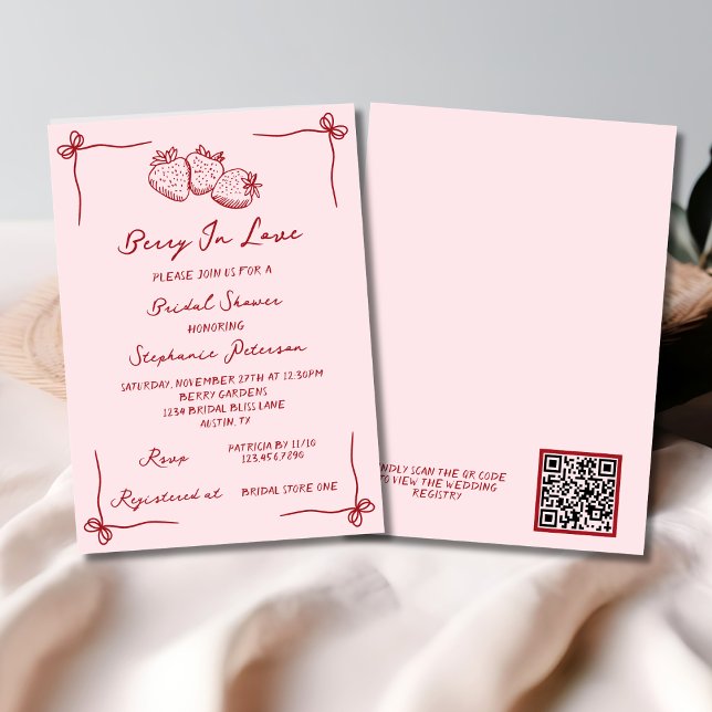 Hand Drawn Berry In Love Bridal Shower QR Code Invitation (Creator Uploaded)