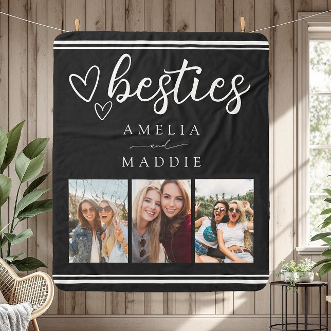 Hand Drawn Besties Photo Collage Black and White  Sherpa Blanket (Hand Drawn Besties 3 Photo Collage Black and White Sherpa Blanket)