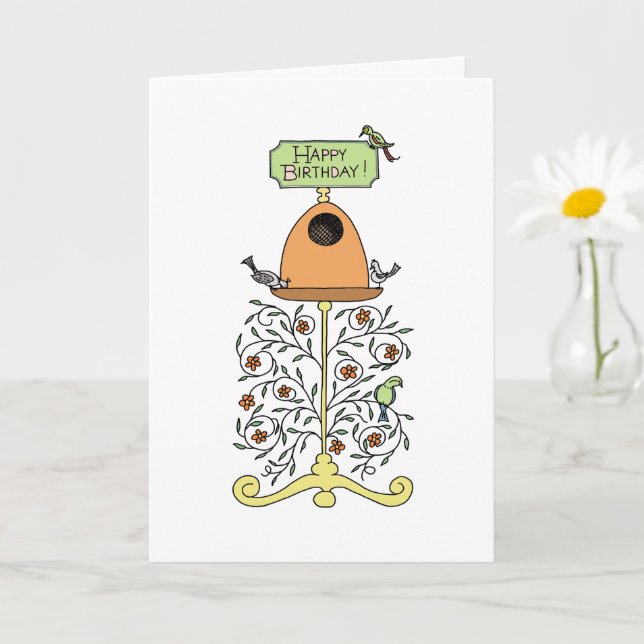 Hand-drawn bird feeder design birthday card (Small Plant)