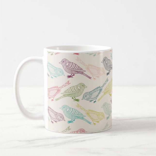 Hand Drawn Bird Sketches of Different Colours Coffee Mug (Left)