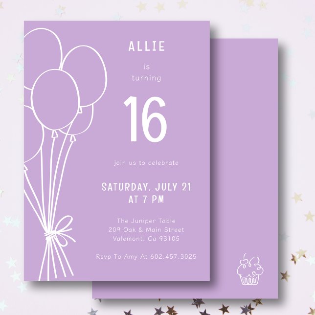Hand Drawn Birthday Balloon Any Age Lavender Invitation (Creator Uploaded)
