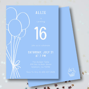 Hand Drawn Birthday Balloon Any Age Minimal Blue Invitation