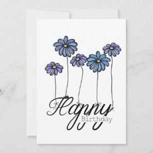 Hand-Drawn Birthday Card w Blue Flower Balloons