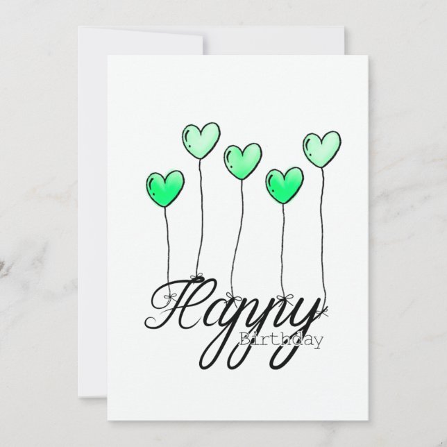 Hand-Drawn Birthday Card w Green Heart Balloons (Front)