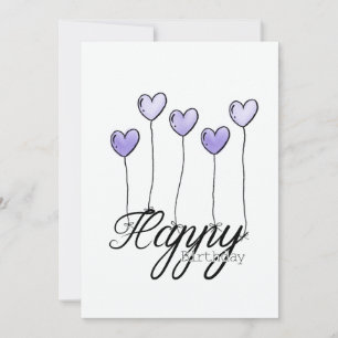 Hand-Drawn Birthday Card w Purple Heart Balloons