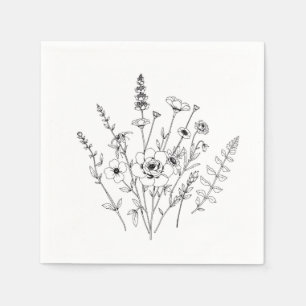 Hand Drawn Black and White Delicate Floral Napkin