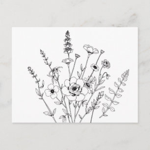 Hand Drawn Black and White Delicate Floral  Postcard