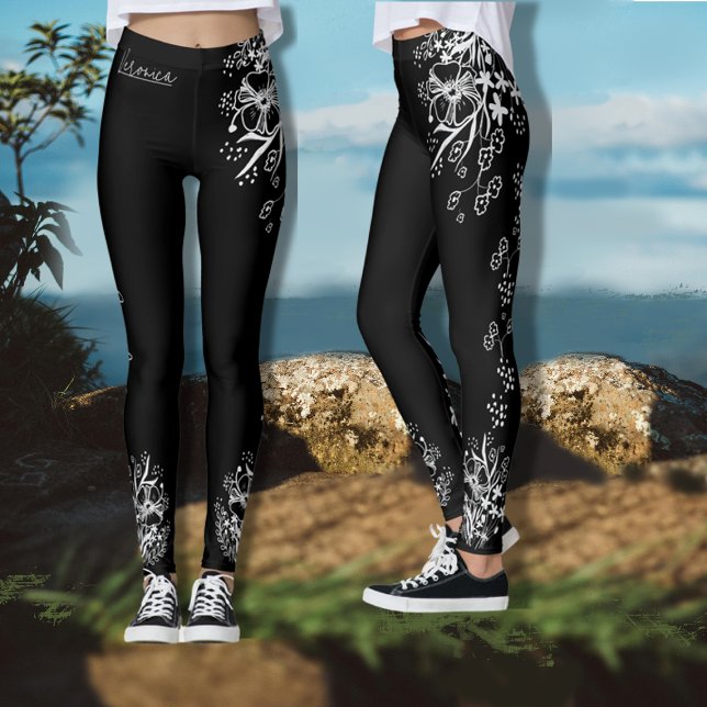 Hand-drawn Black and White Floral   Leggings (Black and White Floral Pattern Leggings)