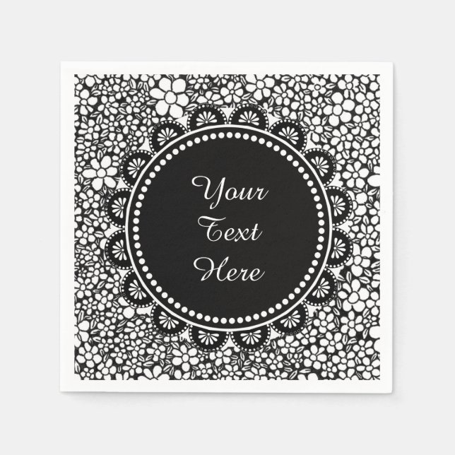 Hand Drawn Black and White Flower Pattern Custom Napkin (Front)