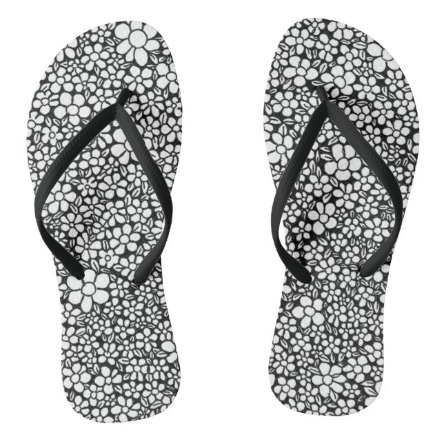 Hand Drawn Black and White Flower Pattern Jandals (Footbed)