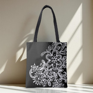 Hand Drawn Black and White Mandala Flowers Doodle Tote Bag