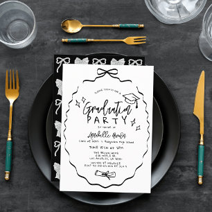 Hand-drawn Black Bow Cap Diploma Graduation Party Invitation