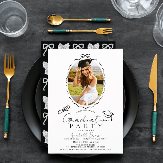 Hand-drawn Black Bow Frame Photo Graduation Party Invitation (Creator Uploaded)