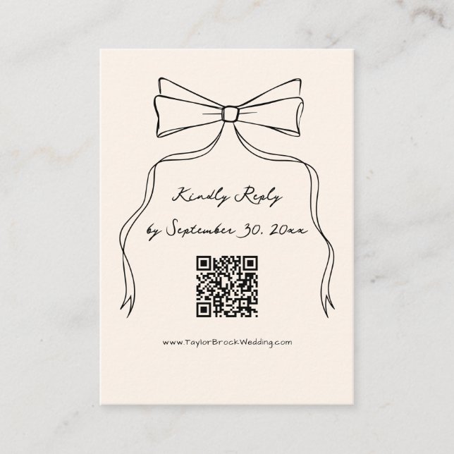 Hand Drawn Black Bow Wedding RSVP Qr Code Enclosure Card (Front)