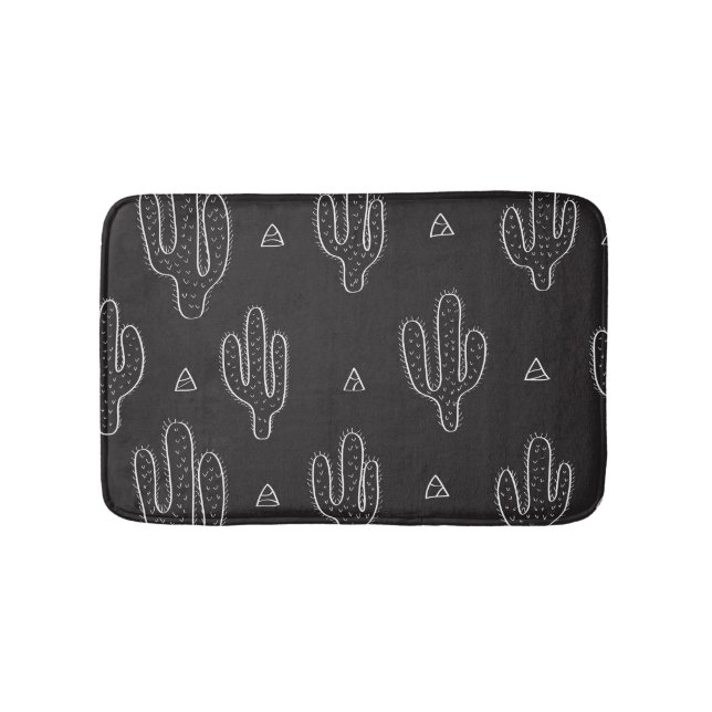 Hand Drawn Black Cactus Pattern Bath Mat (Front)