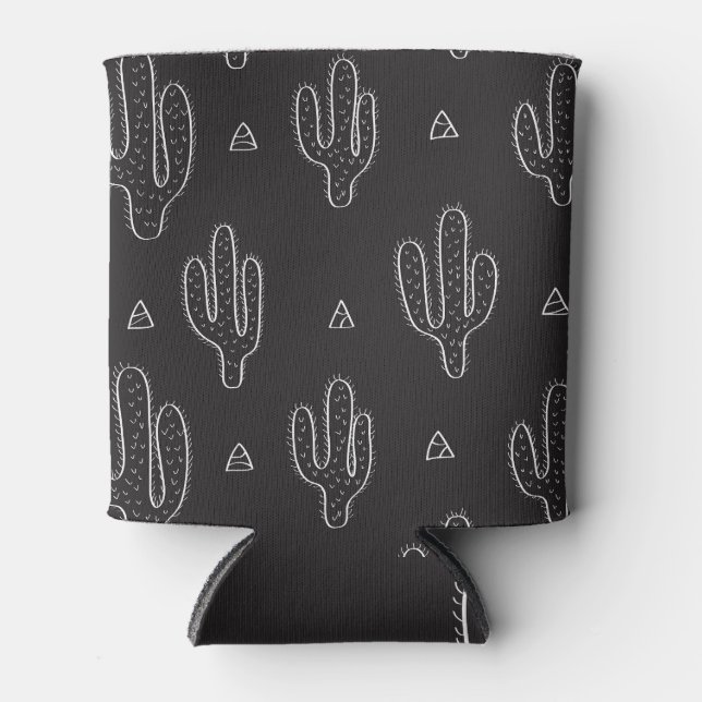Hand Drawn Black Cactus Pattern Can Cooler (Front)
