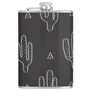 Hand Drawn Black Cactus Pattern Hip Flask