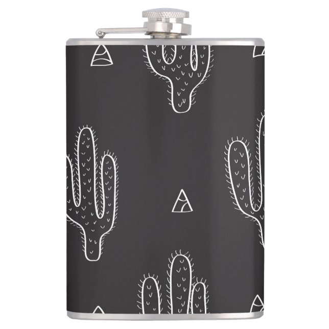 Hand Drawn Black Cactus Pattern Hip Flask (Front)