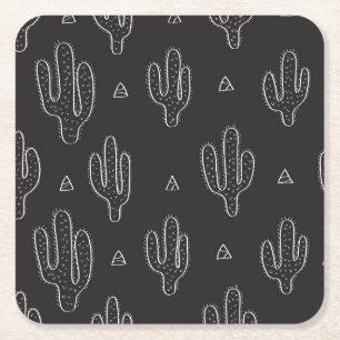 Hand Drawn Black Cactus Pattern Square Paper Coaster