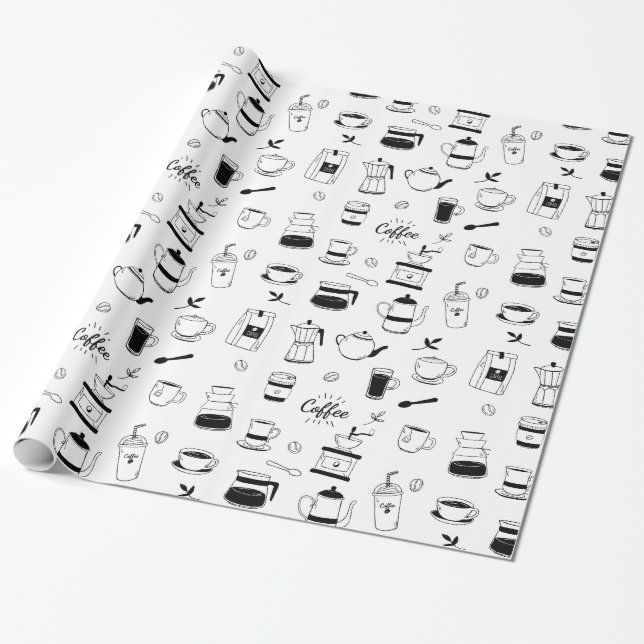 Hand Drawn Black Coffee and Cafe Pattern Wrapping Paper (Unrolled)