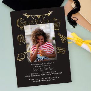 Hand Drawn Black Doodles Photo Graduate Gold