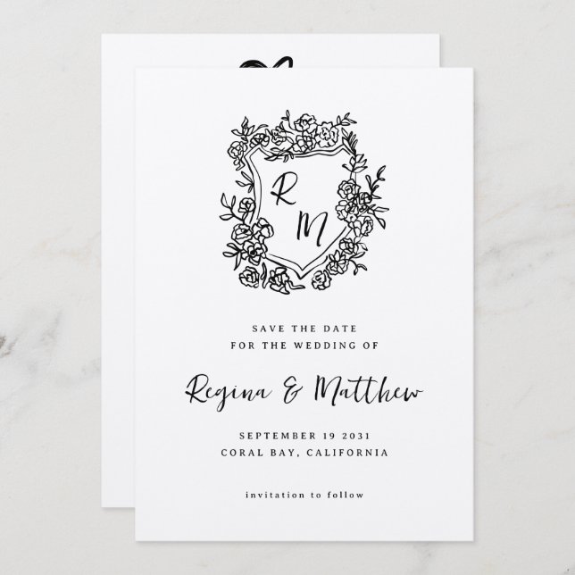 Hand Drawn Black Floral Crest Monogram Wedding Save The Date (Front/Back)