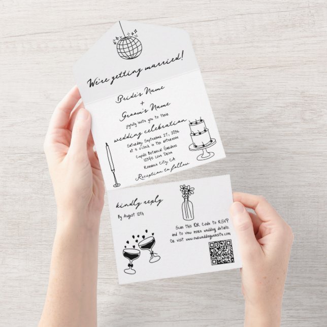 Hand Drawn Black Illustrations Doodles Wedding All In One Invitation (Tearaway)