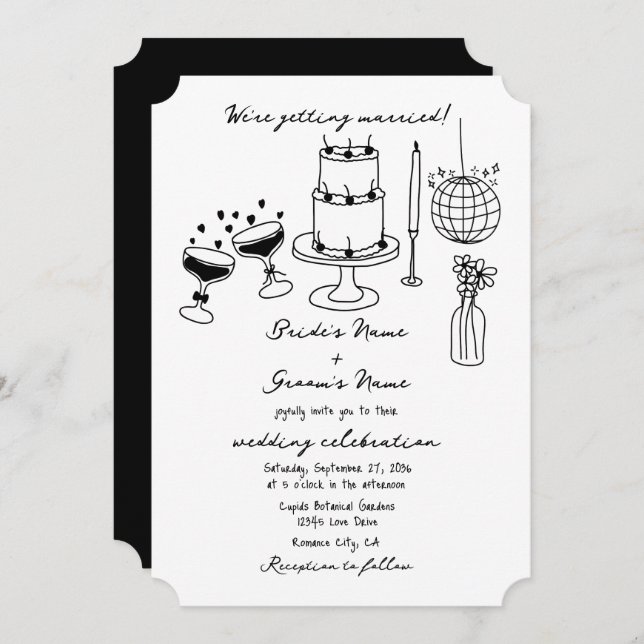 Hand Drawn Black Illustrations Doodles Wedding Invitation (Front/Back)
